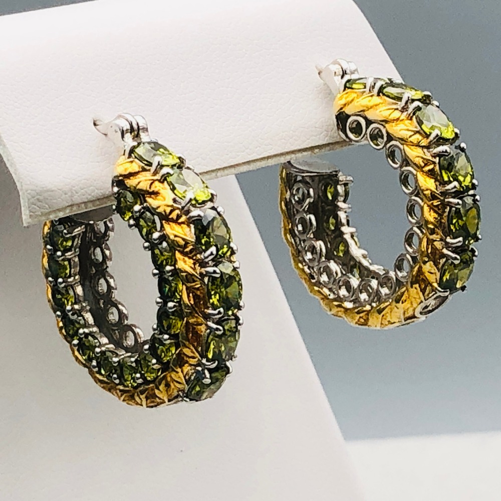 Karis Hoop Earrings Simulated Peridot Green Gold Tone Silver Tone Mixed Metal - Picture 2 of 10